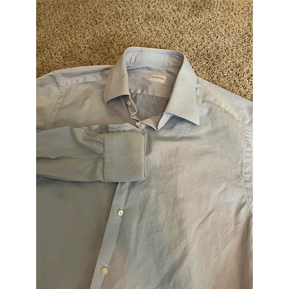 Ermenegildo Zegna Mens Button Up Shirt 17 43 Light Blue Slim Fit Cotton Long Slv